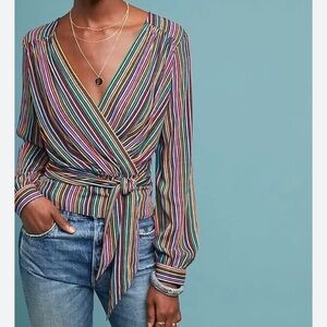 Anthropologie Maeve Lisa Multicolor Rainbow Striped Wrap Top size 10